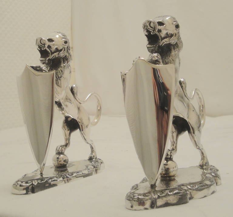 British Silver Plated Pair of Lion and Shield Menu Holders For Sale