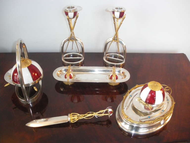 Rare Art Deco Horse Riding Set in Silvered Bronze and Enamel