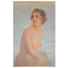 "Nude Elegant Woman on the Beach" Oil on Canvas by Edouard Bisson
