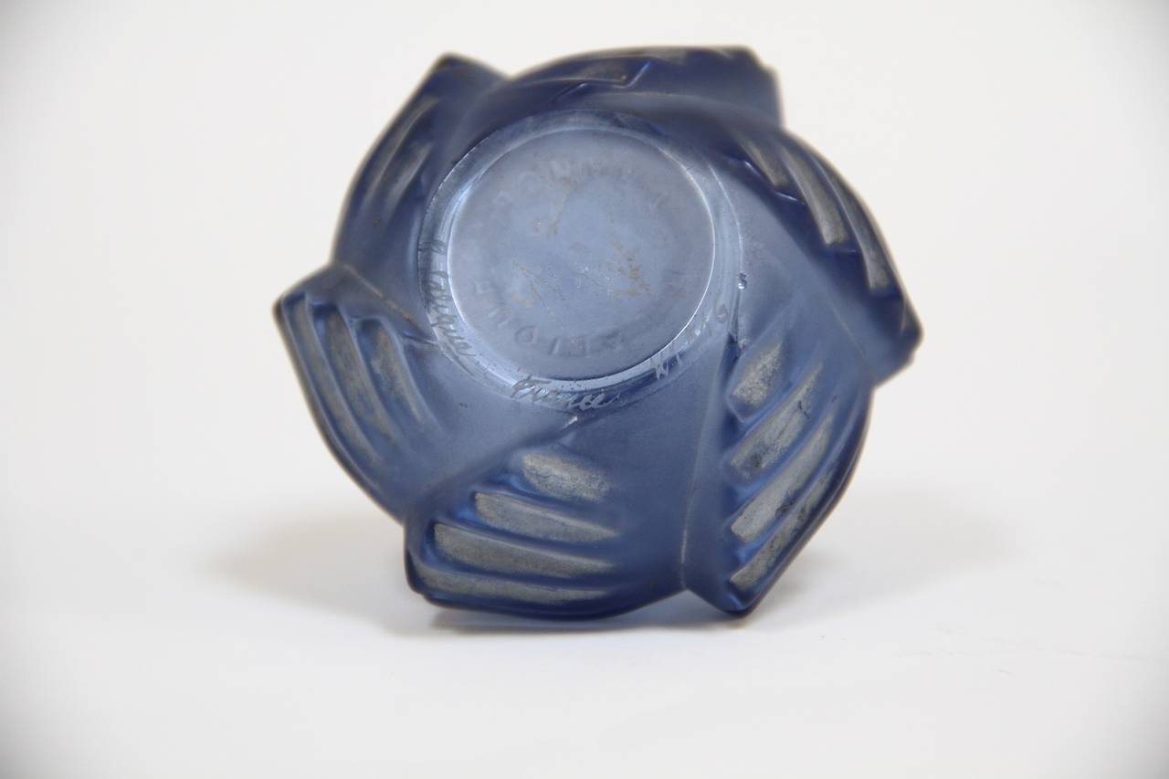 Art Nouveau Rene Lalique Glass Flacon Camille Perfume Bottle Navy Blue For Sale