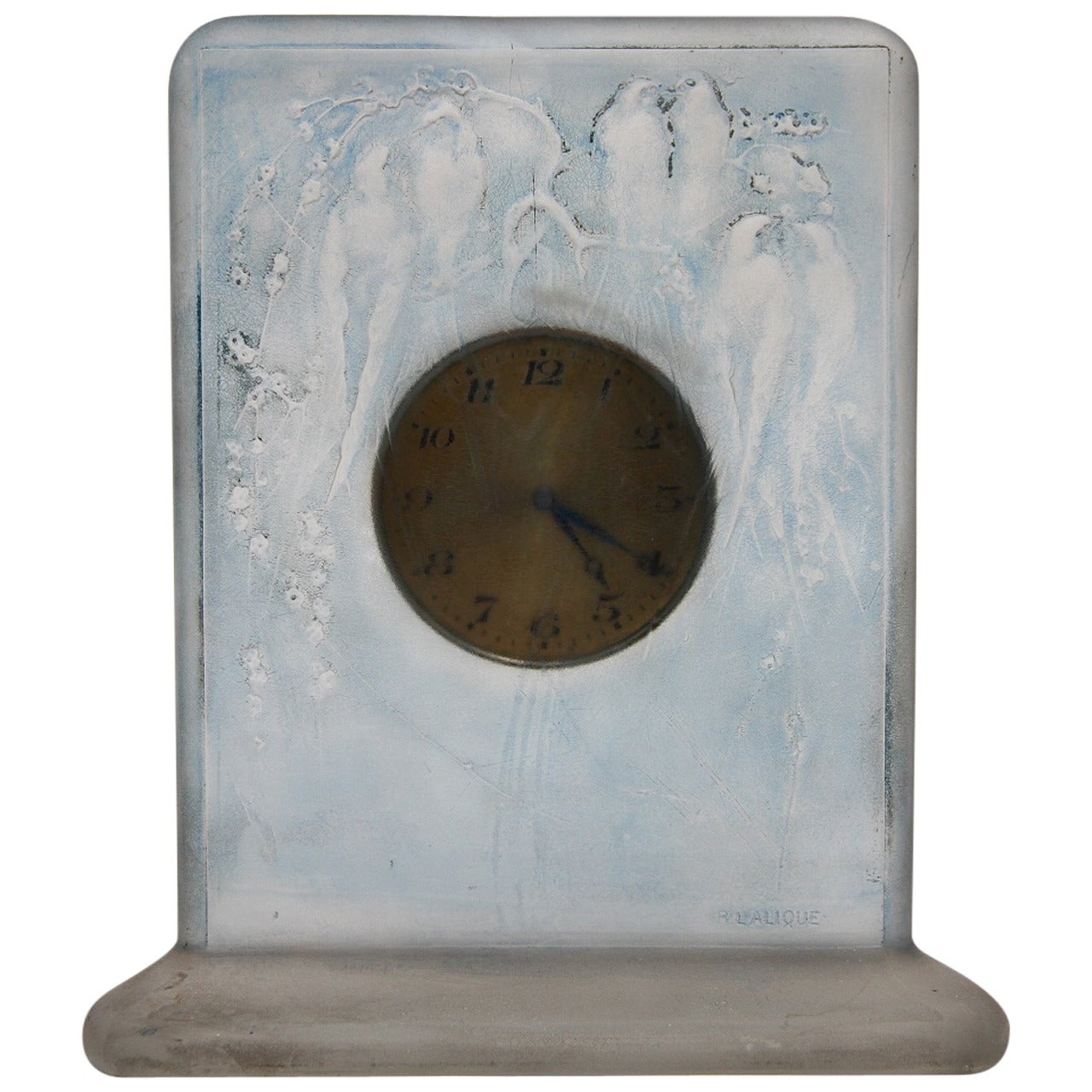 René Lalique Glass "Six Hirondelles Perchees" Clock Blue Stain For Sale