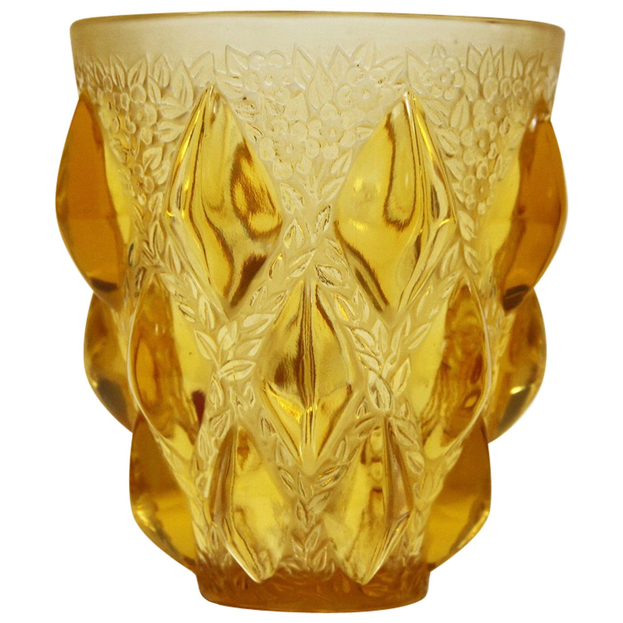 Rene Lalique "Rampillon" Glass Vase Yellow For Sale