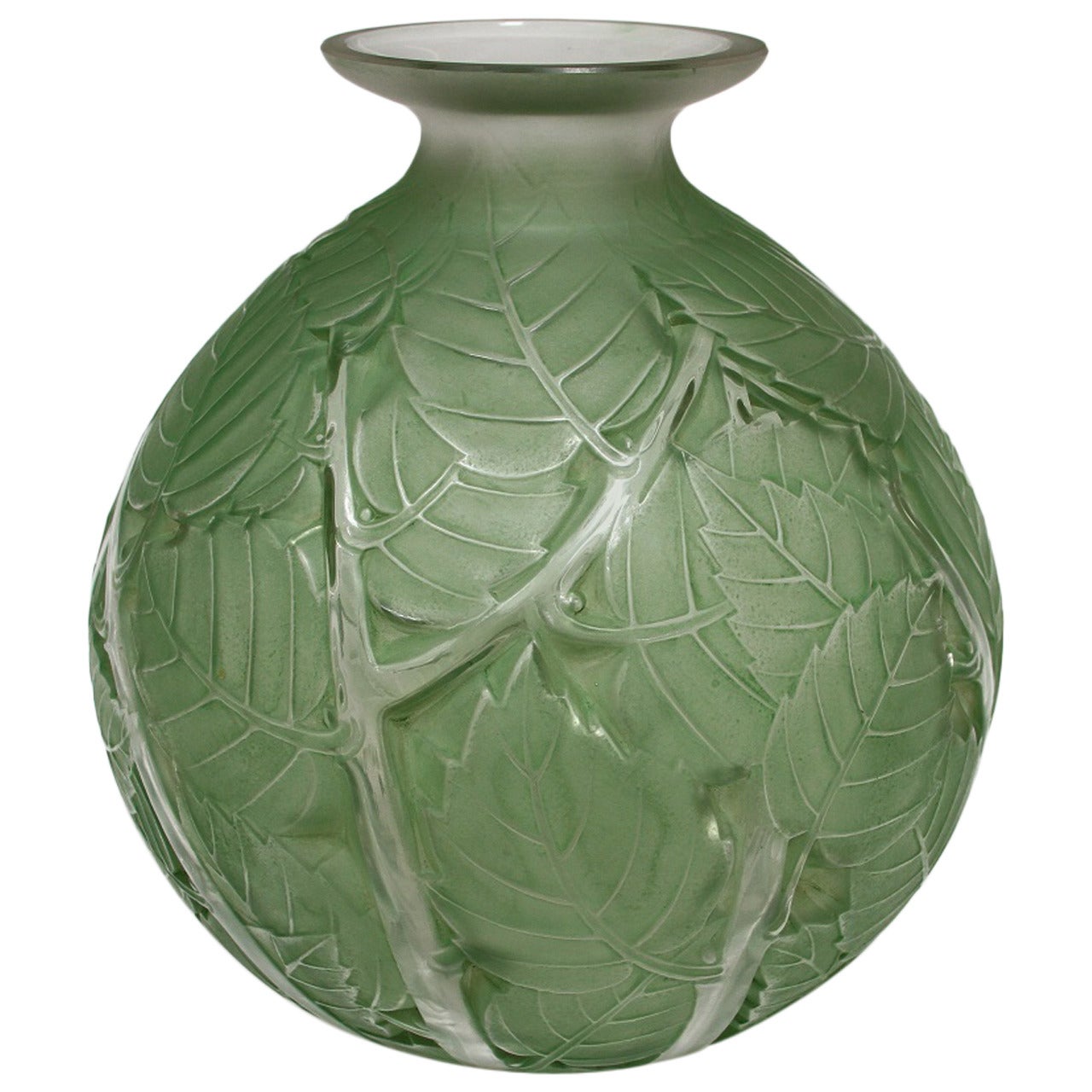 Rene Lalique "Milan" Glass Green Stain Vase For Sale