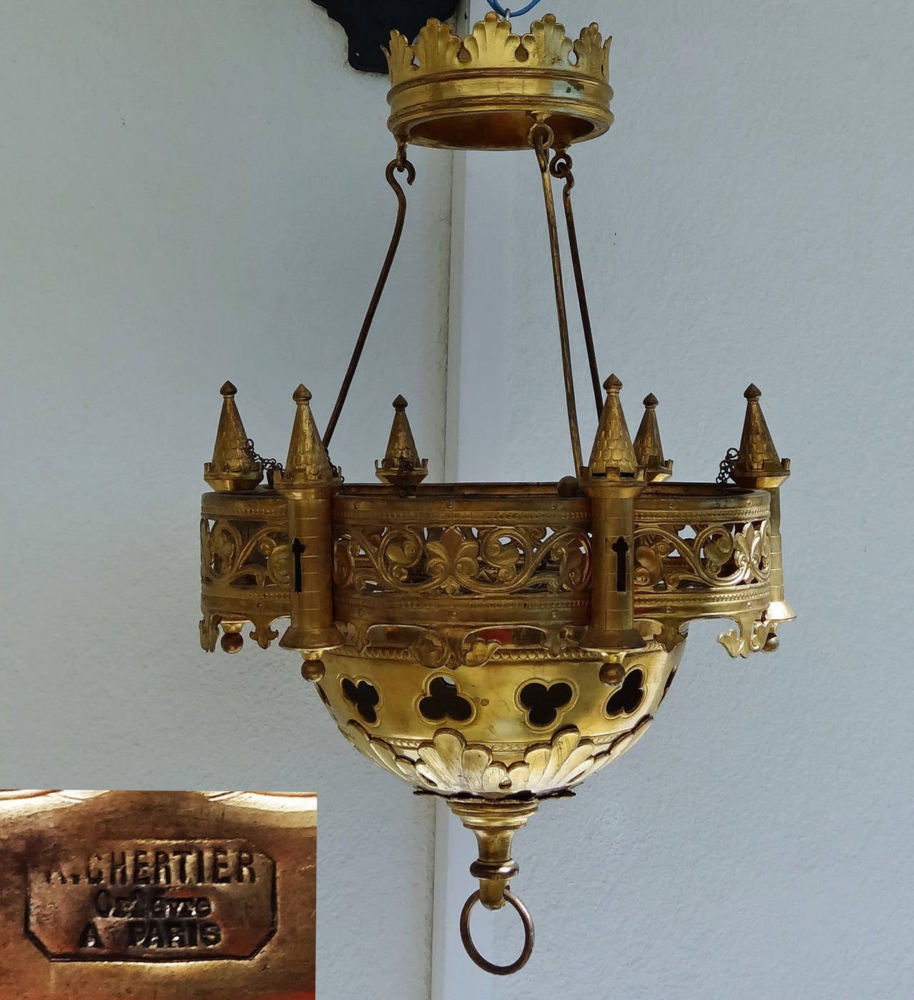 Gilt-bronze Gothic Revival six light chandelier 
by Chertier, 
Paris, 
vers 1850. 
38 cm (15 inches) diam. 60 cm (23 1/2 inches) high

In excellent condition with nice colour and patina to the gilt.

Please ask for more images or information.