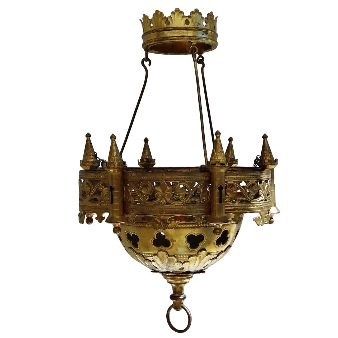Gilt-bronze Gothic Revival six light chandelier by Chertier For Sale
