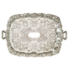 A large engraved silver plated tray with silver garnitures by Jean-Joseph Micaud