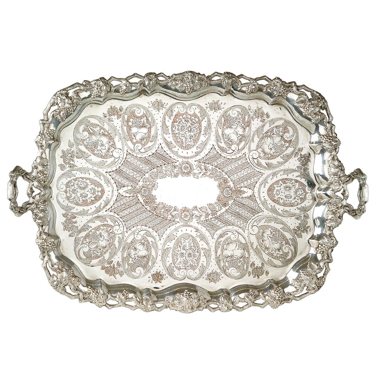 A large engraved silver plated tray with silver garnitures by Jean-Joseph Micaud For Sale
