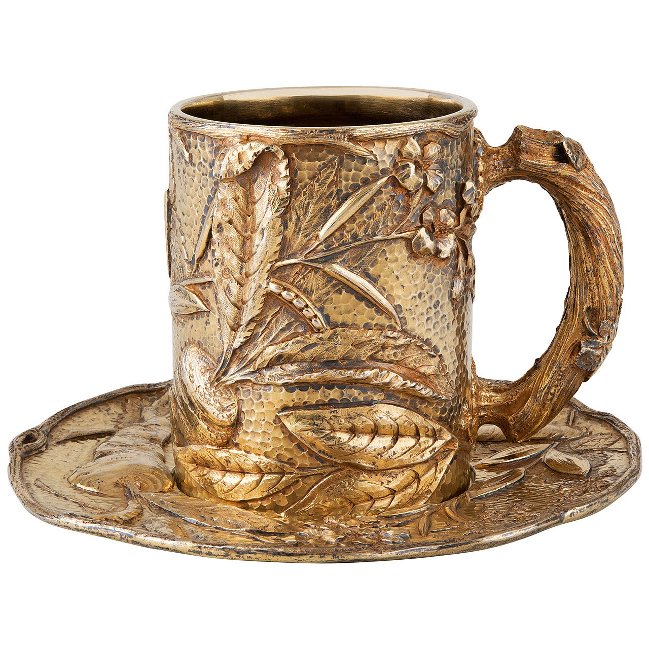 French Silver-Gilt Cup and Saucer with Naturalist Decoration