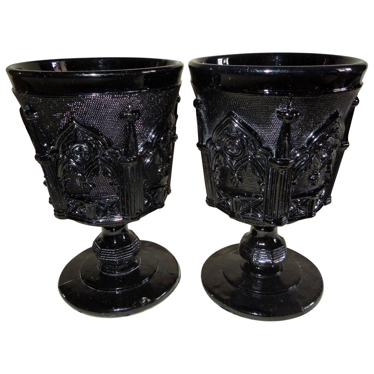 Two Gothic Revival Pressed Opaque Black Glass Goblets, Cristalleries