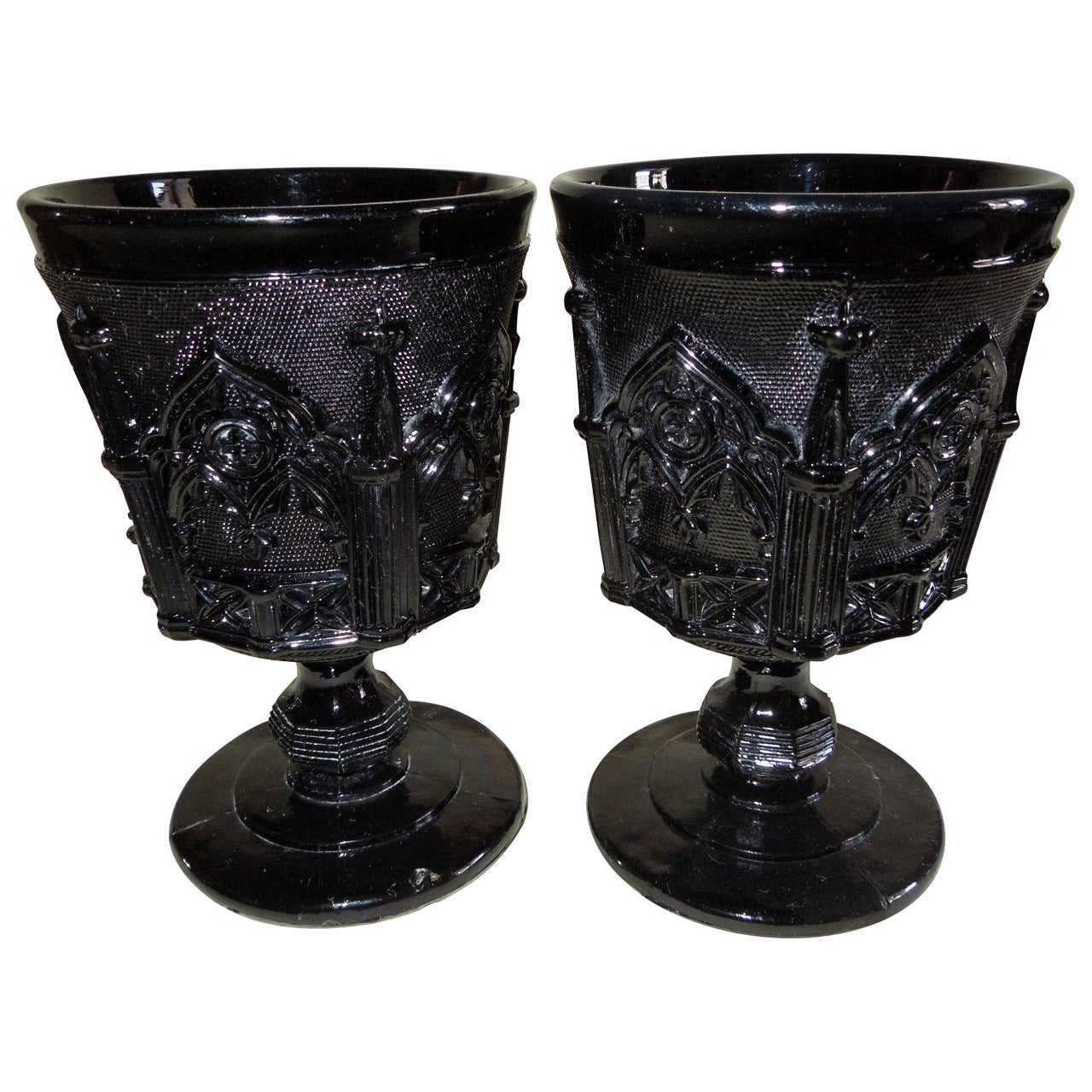 Two Gothic Revival Pressed Opaque Black Glass Goblets, Cristalleries Saint Louis