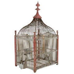 Antique 19th Century French Wood and Metal Wire Bird Cage