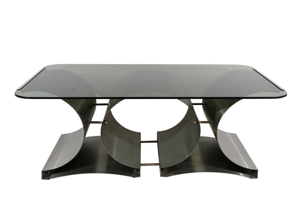 Francois Monnet Coffee Table Smoked Glass and Brushed Steel , pair available