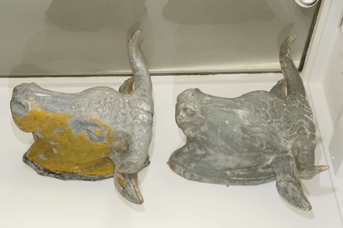 A fault pair of zinc bull heads (Tetes de Taureau). French, circa 1800. Originally used as Trade Signs for Butcheries. Very Rare in this size and condition. One sign has some worn yellow paint on its surface and has been featured in an interior