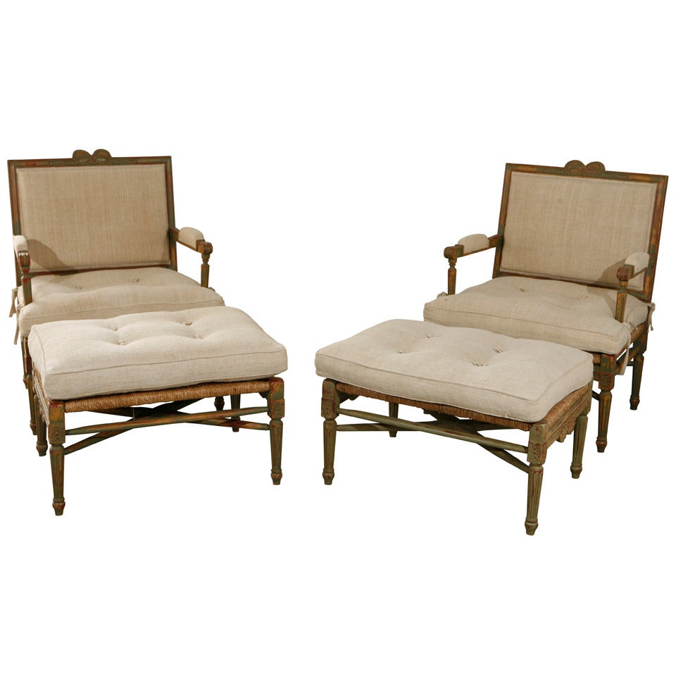 Pair of Louis XIV Style Pailles Fauteuils with Footstools For Sale