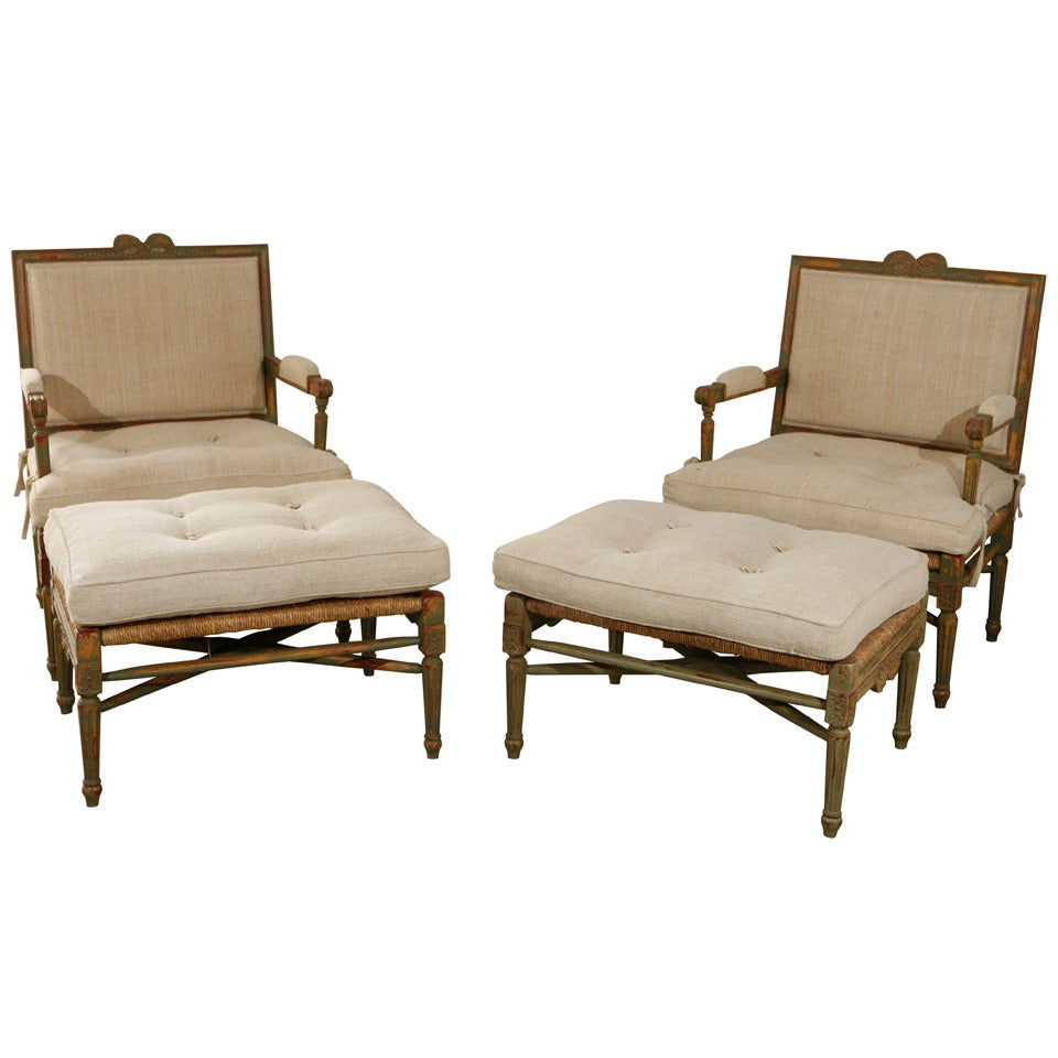 Pareja de Pailles Fauteuils Estilo Luis XIV con Reposapiés