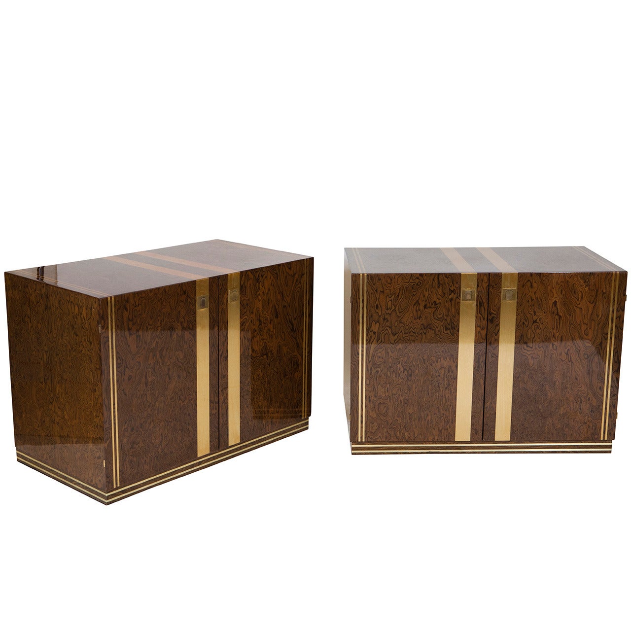Pair of Burl Wood and Brass Inlaid Nightstands For Sale