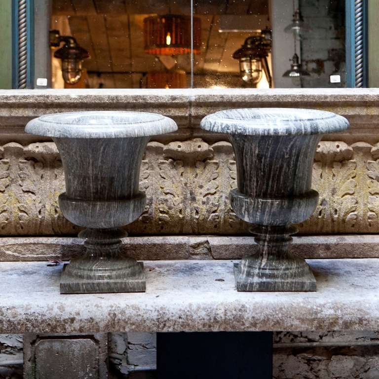 A pair of 19th century continental, gray marble campagne urns.