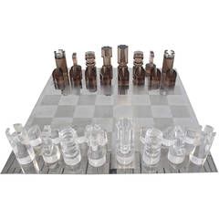 Lucite Chess Game Set by Michel Dumas on a Metal Board