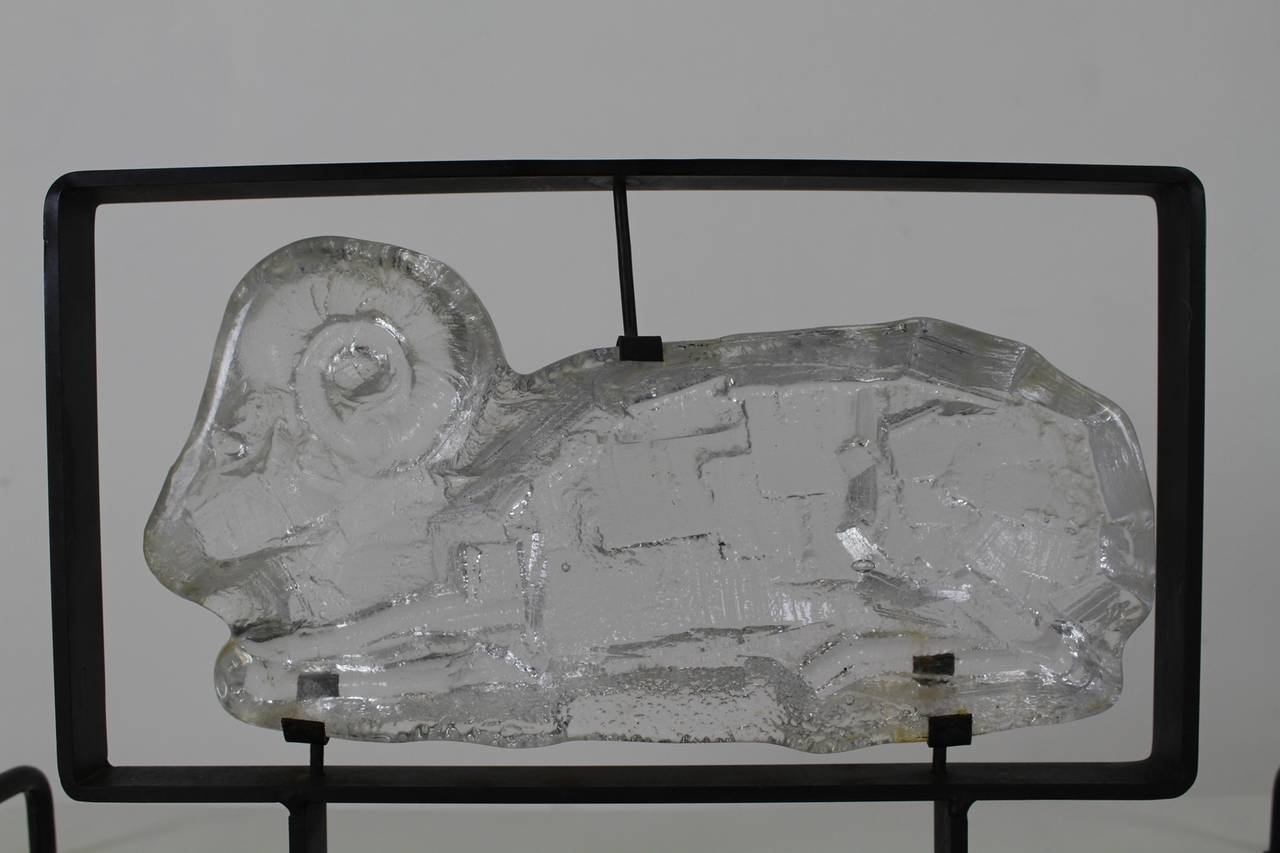 Post-Modern Ram Shaped Glass Sculpture by Erik Höglund  for Kosta Boda