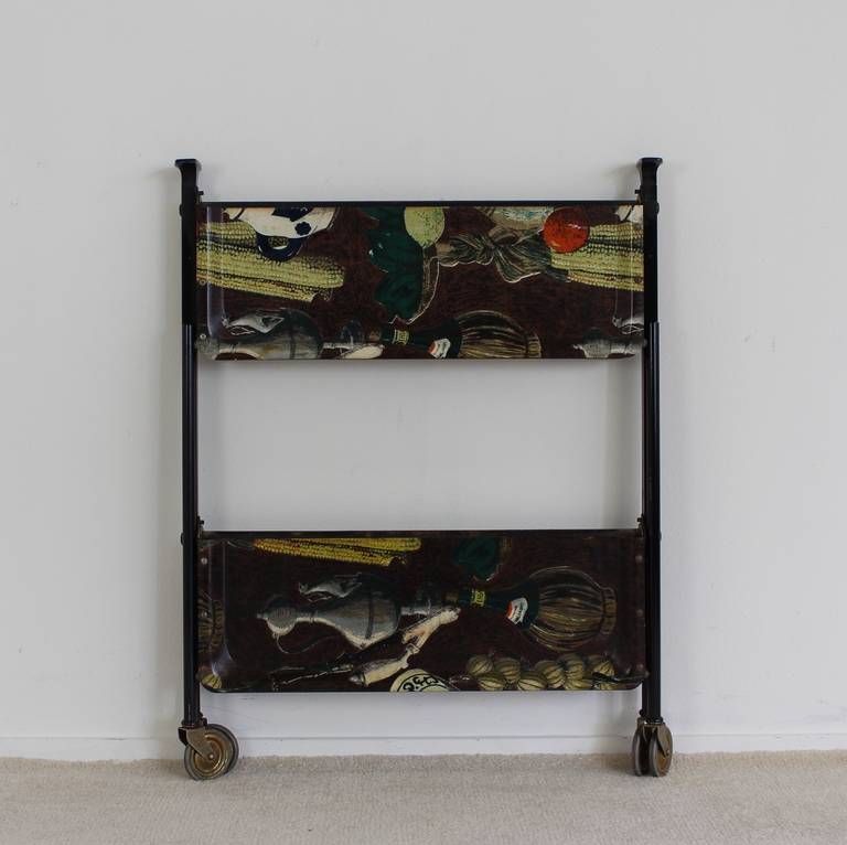 Mid-Century Modern Foldable Serving Trolley in Fornasetti Style by Bremshey Gerlinol For Sale
