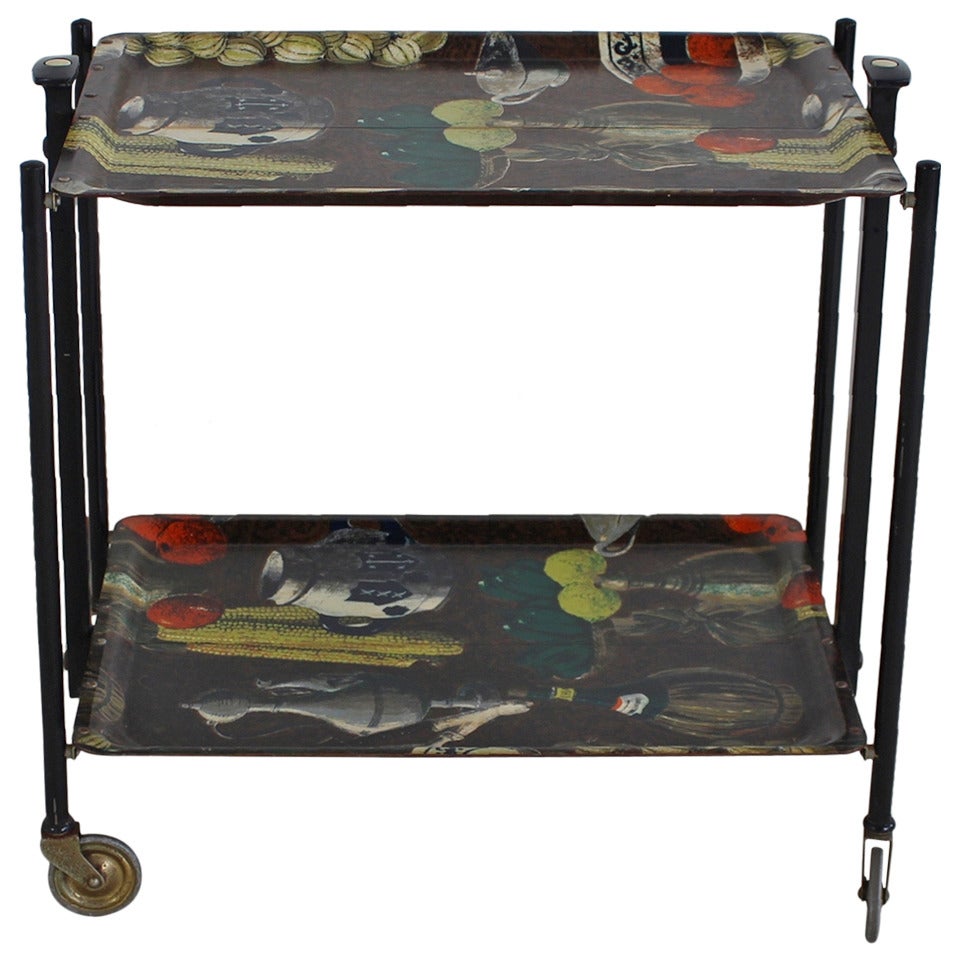 Foldable Serving Trolley in Fornasetti Style by Bremshey Gerlinol For Sale