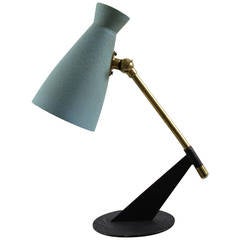 Elegant Italian Design Desk Lamp with Blue Metal Hood and Brass Arm