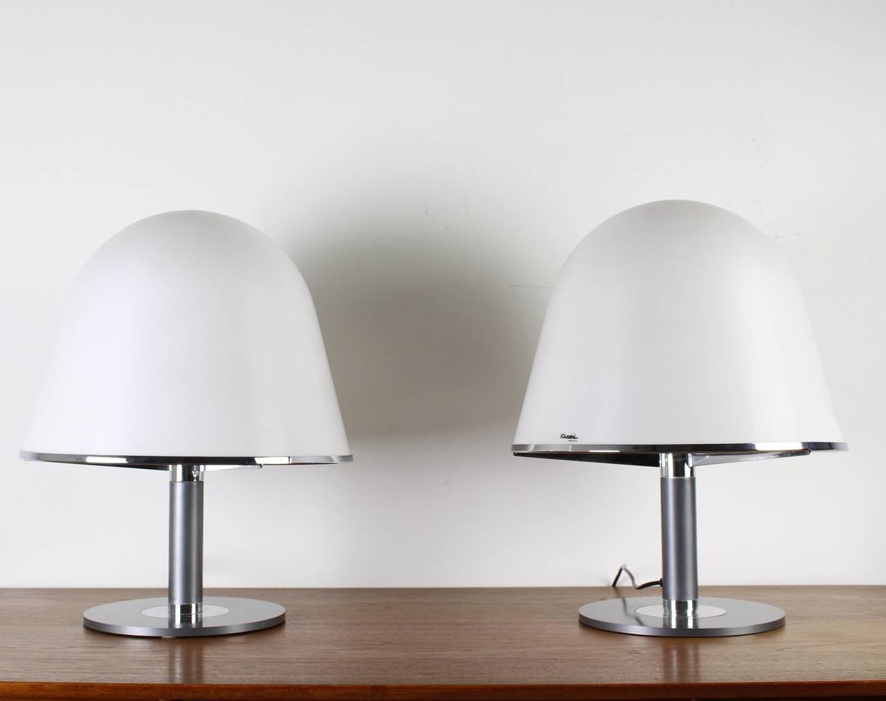 Italian design table lamps
Designer: Harvey Guzzini
Manufacturer: iGuzzini Italy
Model: Mushroom
Chrome base and stem
Synthetic hood