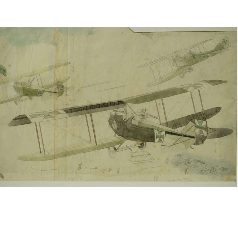 Italian Drawing Depicting Five Fighting Biplanes, First World War