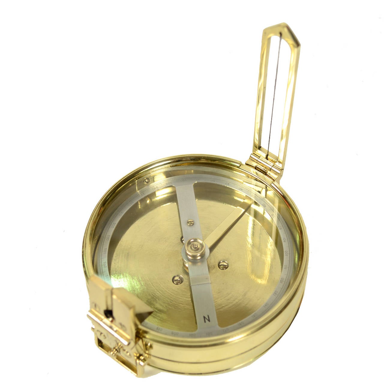 Rare survey compass, brass with leather case, signed F.B. & S. 1932 ltd. Diameter of compass cm 10, height cm 3. Very good condition and in order. 
Frances Barker & Son was established as F. Barker in London in 1848. In that same year, the owner