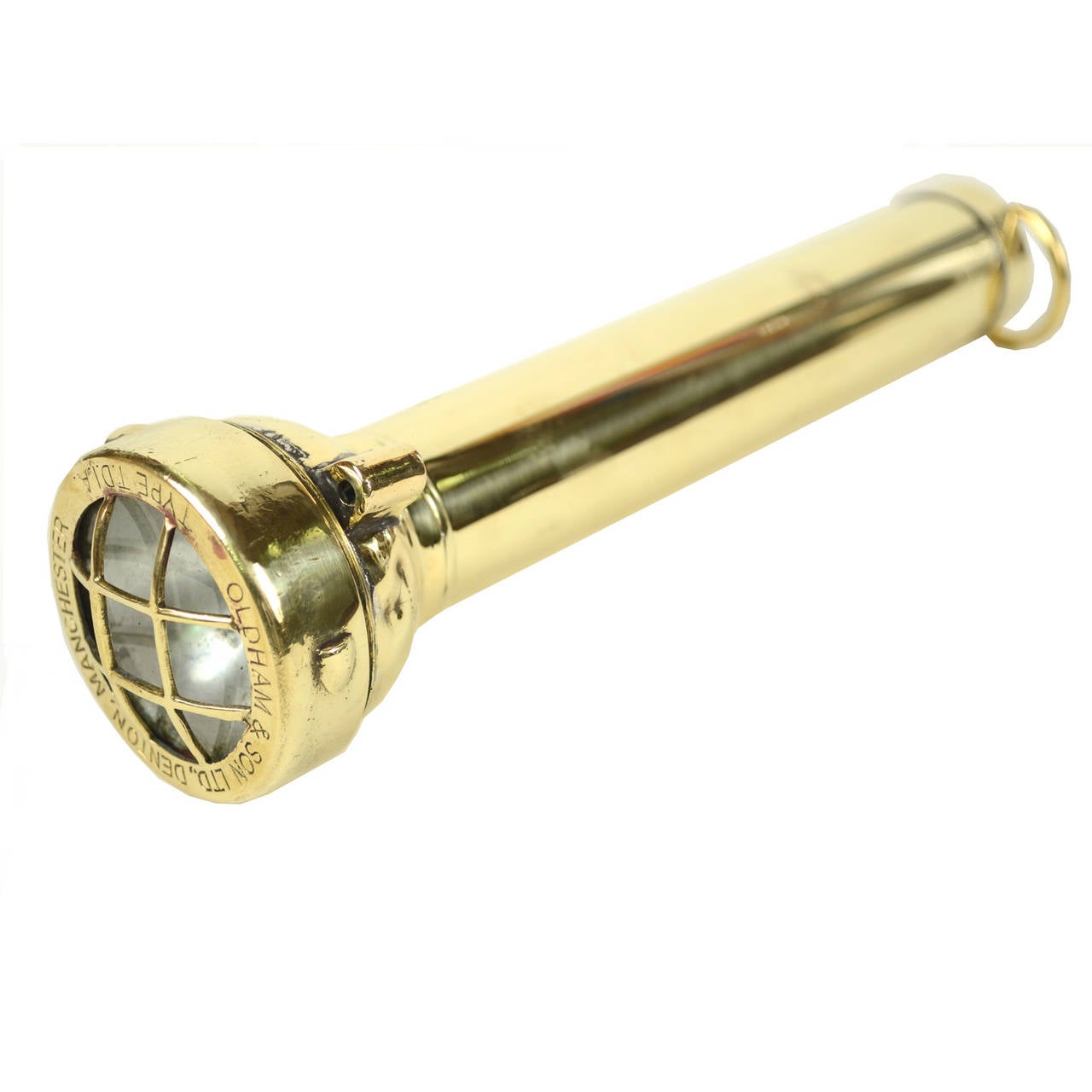 Brass nautical flashlight signed Oldham & Son Ltd Denton Manchester type T.D.I.A. Length cm 25 - inches 9.84. Not working, but very nice decorative object.

Oldham and Son was founded in 1865 as a general engineering firm in Denton, Manchester,