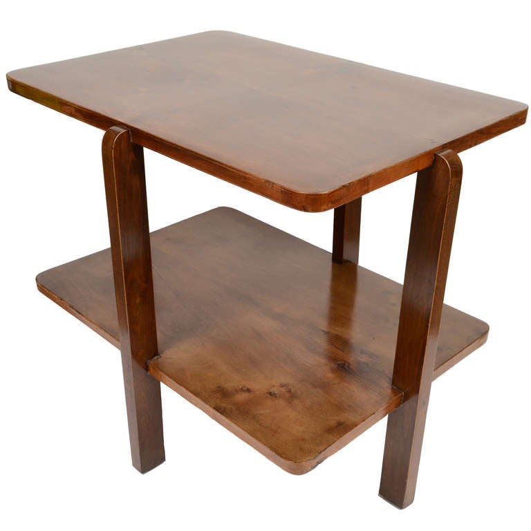 Side table with shelf, wood veneer in walnut, Italian manufacture of 1950s. Measures cm 69x49x61.5 (h) - inches 27.16x19.29x24.21 (h).