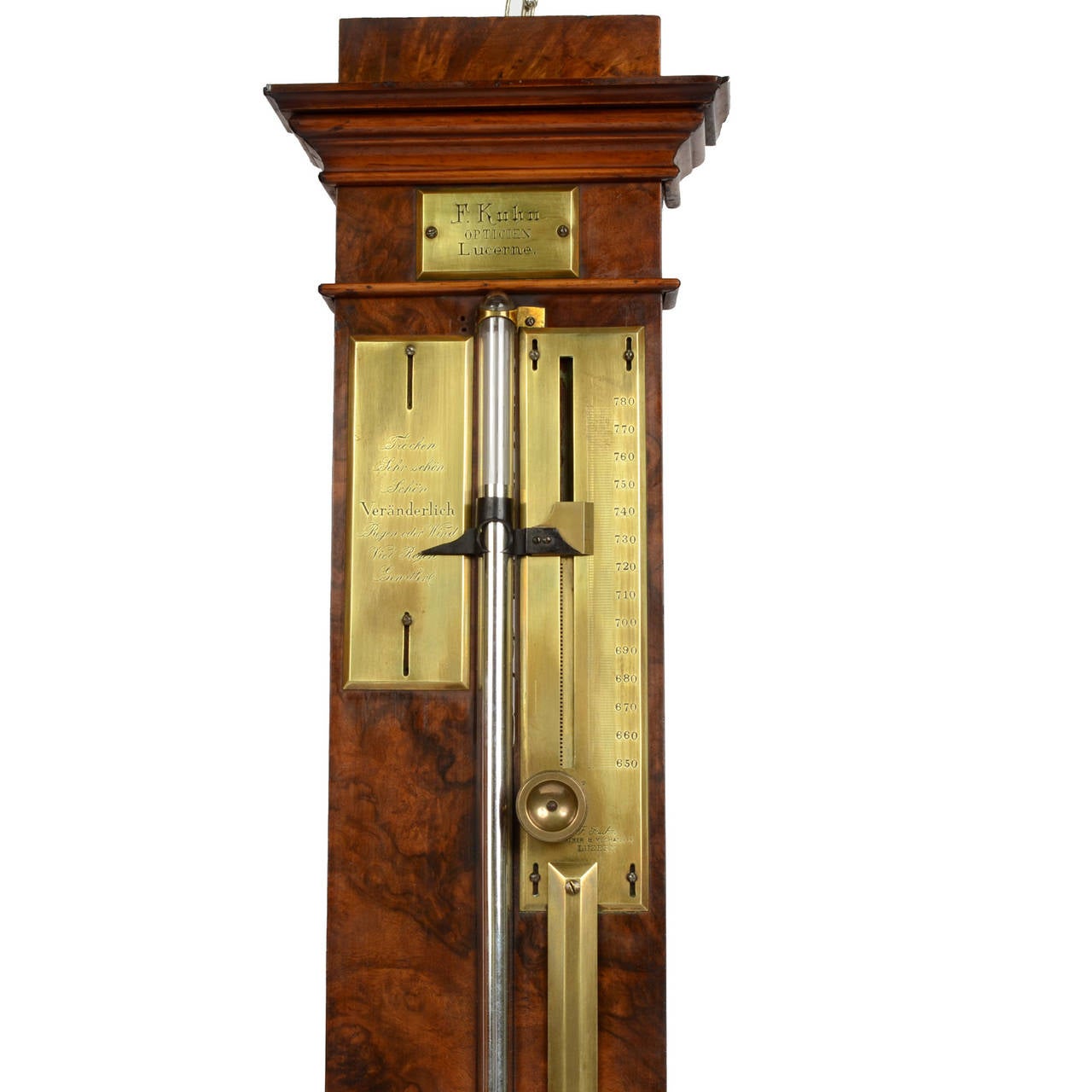 Rare and elegant barometer and mercury thermometer made in the first half of the nineteenth century by the optician from Lucerne F. Kuhn. The barometric tube is mounted on a walnut plank and the nonius and double reading scales of the thermometer