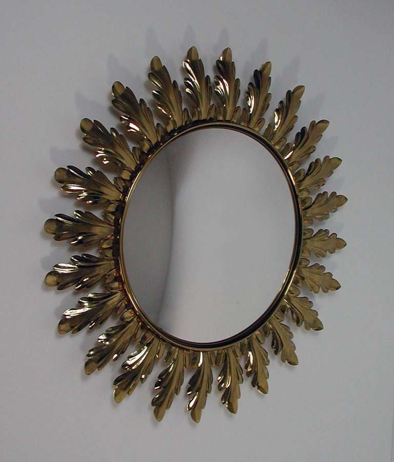 Metal Mid-Century 1950s French Sunburst Starburst Gilt Convex Wall Mirror