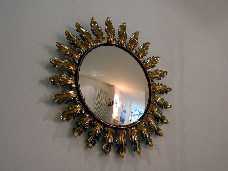 Mid-Century Modern Mid-Century 1950s French Sunburst Starburst Gilt Convex Wall Mirror