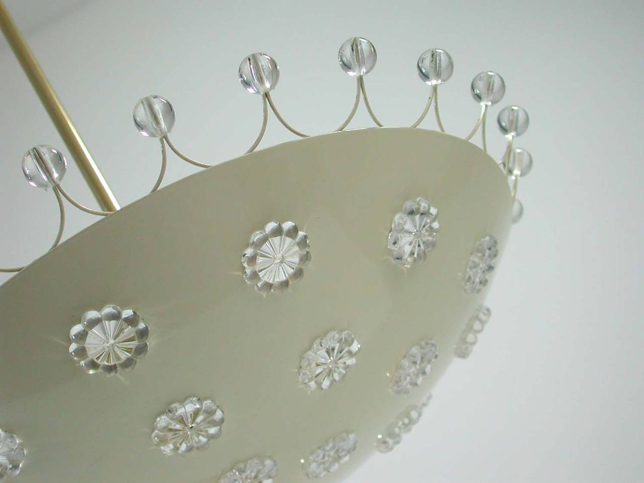 Beautiful white / light cream lacquered and chrystal glass Emil Stejnar for Rupert Nikoll, Vienna Chandelier. The lamp can be used as a hanging lamp as well as a flush mount.

It requires 3 E27 Edison schrew on bulbs and works on 220V as well as