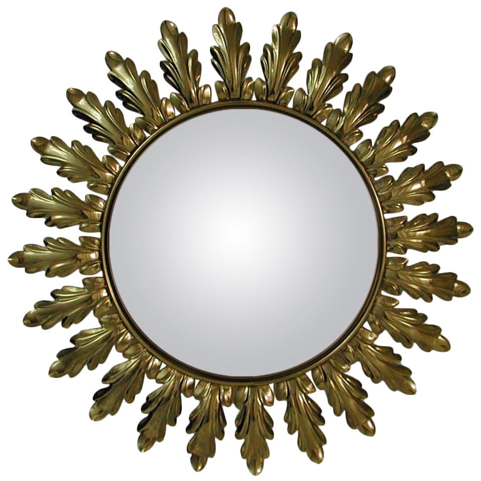 Mid-Century 1950s French Sunburst Starburst Gilt Convex Wall Mirror