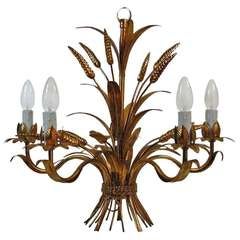 French, 1950s Five-Arm Gilt Sheaf of Wheat Chandelier Hollywood Regency
