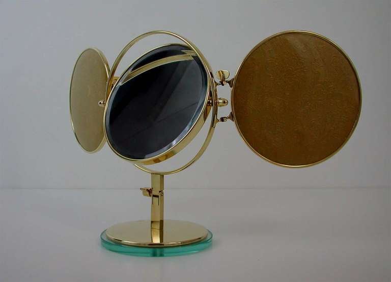 Mid Century 1950s Italian Triple Brass Folding Vanity Table Mirror 1