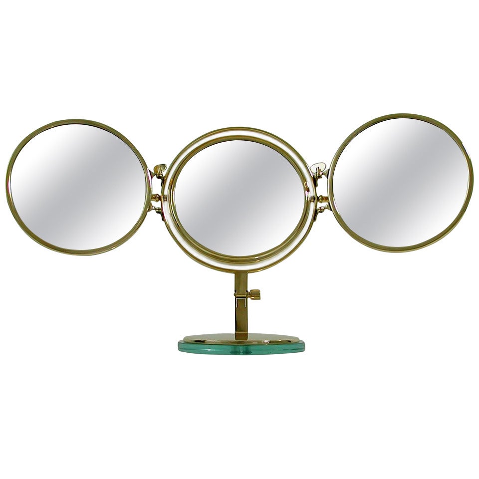 Mid Century 1950s Italian Triple Brass Folding Vanity Table Mirror
