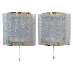 Pair Mid Century Modern Ice Glass Tube Wall Lamps Sconces by Doria