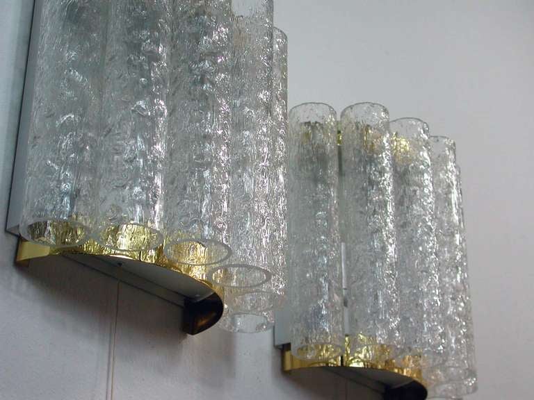 Pair Mid Century Modern Ice Glass Tube Wall Lamps Sconces by Doria