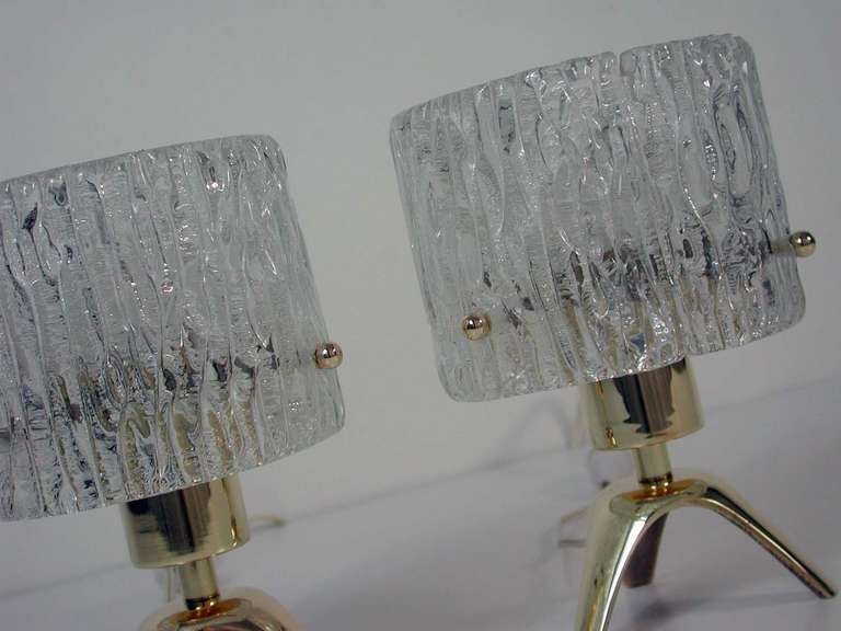 Pair 1950s Mid Century Kalmar Tripod Brass & Glass Table Lamps 4