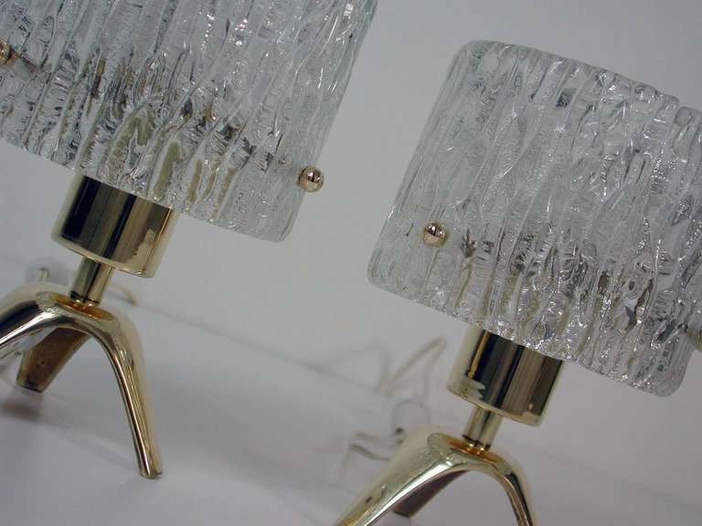 Mid-Century Modern Pair 1950s Mid Century Kalmar Tripod Brass & Glass Table Lamps