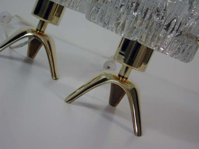 Austrian Pair 1950s Mid Century Kalmar Tripod Brass & Glass Table Lamps
