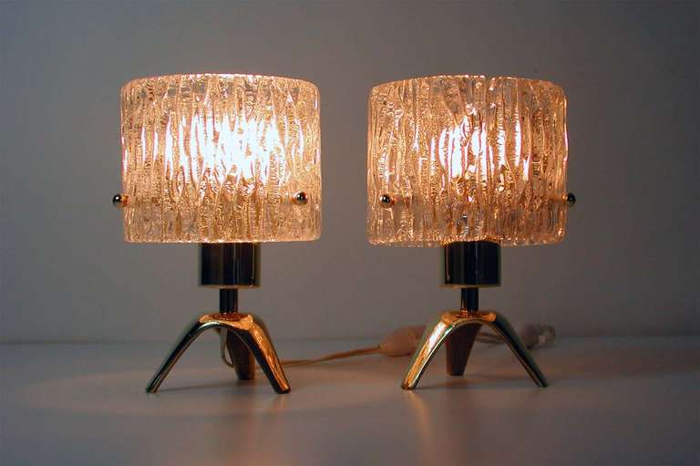 Mid-20th Century Pair 1950s Mid Century Kalmar Tripod Brass & Glass Table Lamps