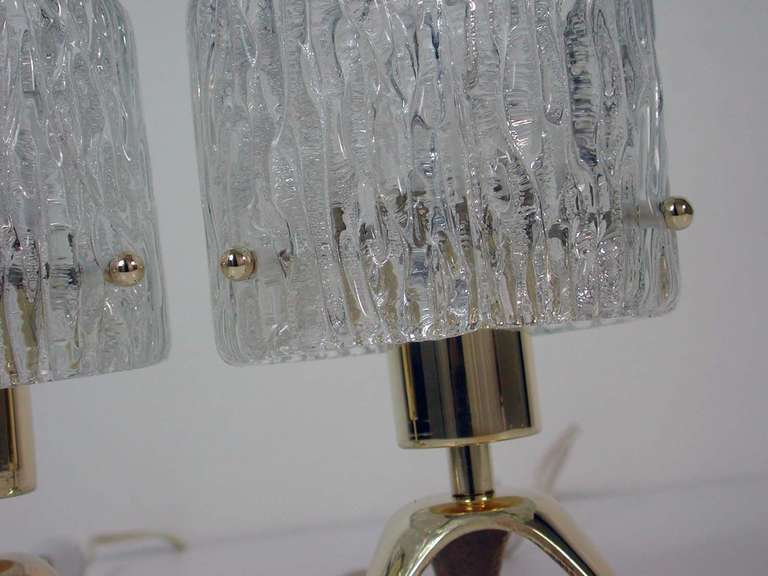 Pair 1950s Mid Century Kalmar Tripod Brass & Glass Table Lamps 1