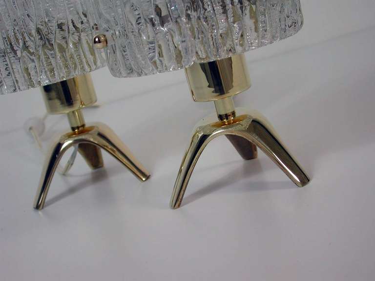 Pair 1950s Mid Century Kalmar Tripod Brass & Glass Table Lamps 3