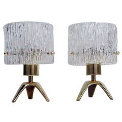Pair 1950s Mid Century Kalmar Tripod Brass & Glass Table Lamps
