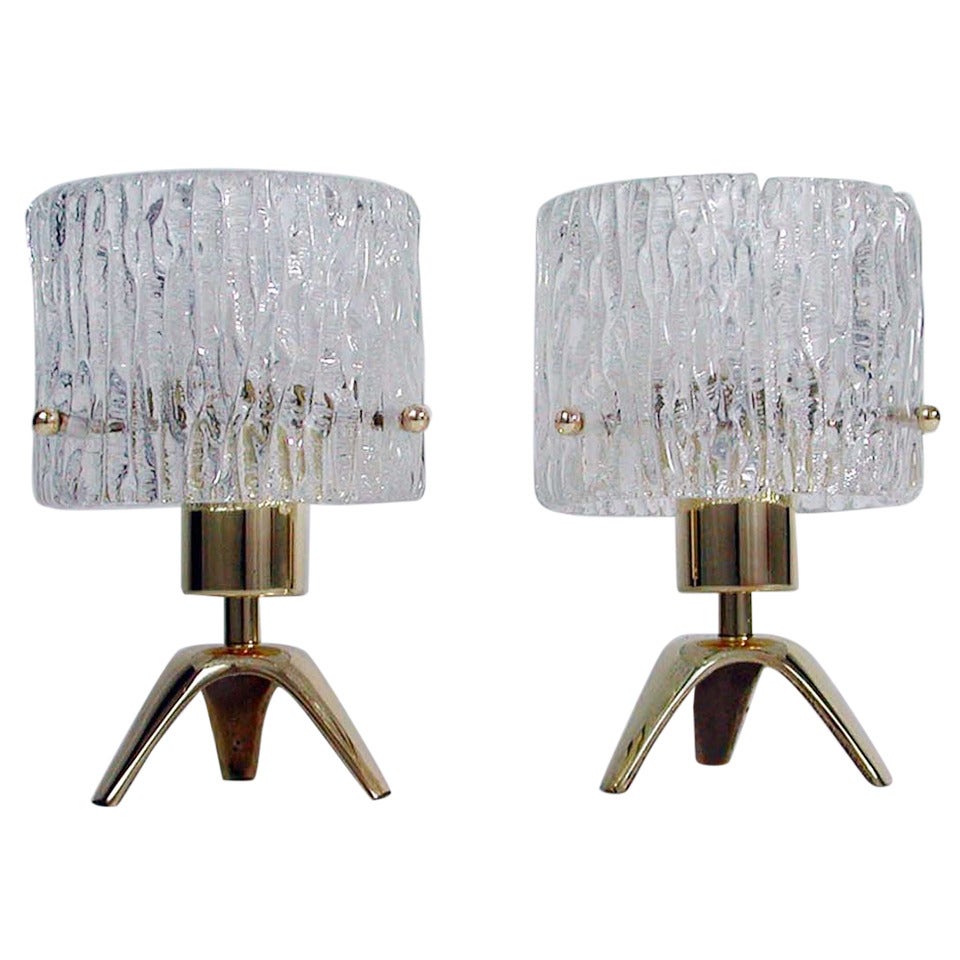 Pair 1950s Mid Century Kalmar Tripod Brass & Glass Table Lamps