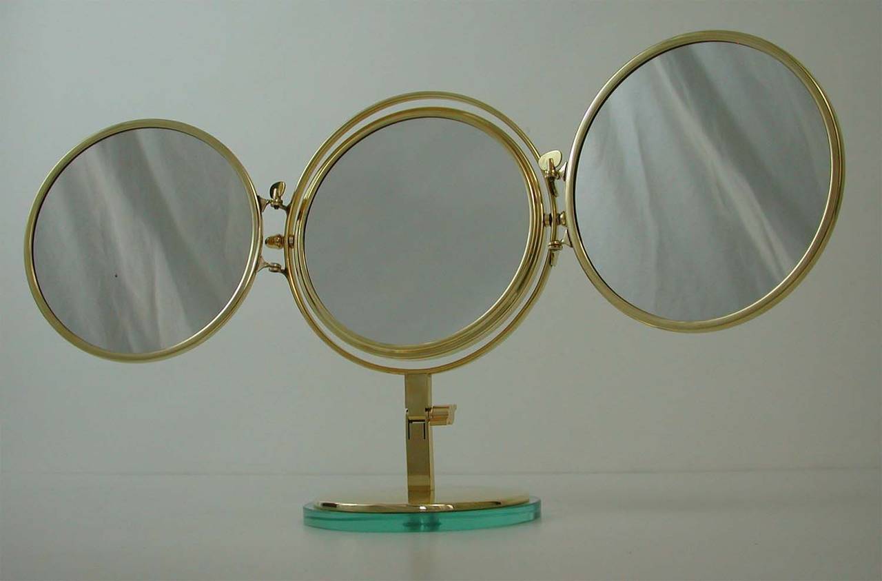 Mid Century Italian, Triple Brass Folding Vanity Table Mirror 3